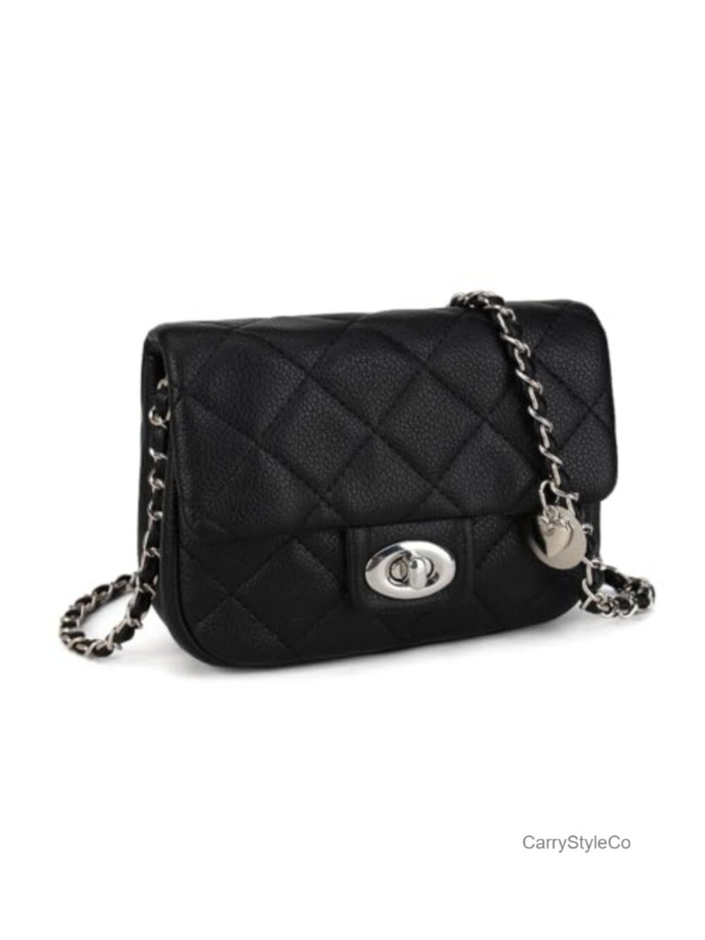Quilted Vegan Leather Mini Crossbody Chain Strap Shoulder Purse w/ Heart Charm,